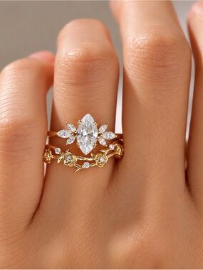 Gold Tone Marquise Clear Stone Floral Ring Set (R31)